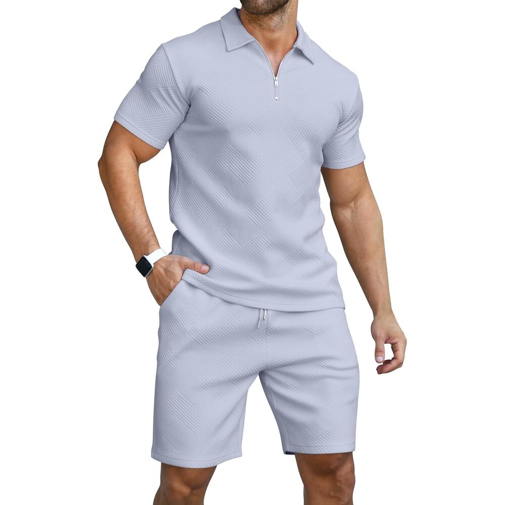 Kuyigo Powder Light Blue Collared Polo Shirt Shorts Track Suit Set Mens XL NEW